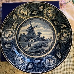 Blue Delft-Style Decorative Windmill Plate